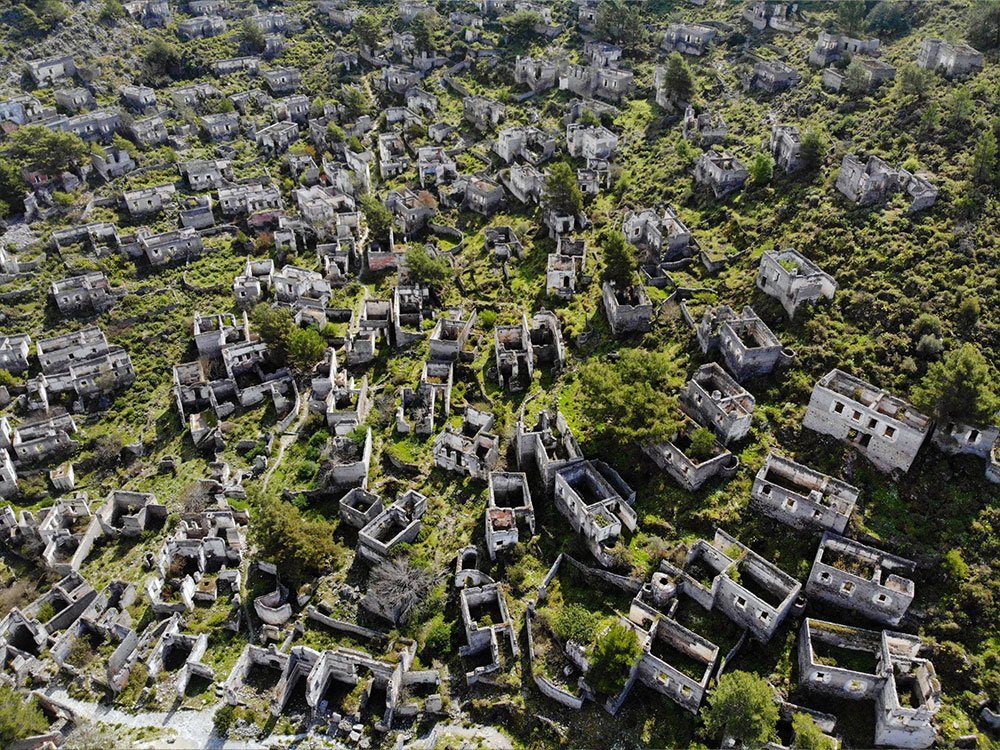 Aerial view of Kayakoy town which was abandoned during the population exchange.