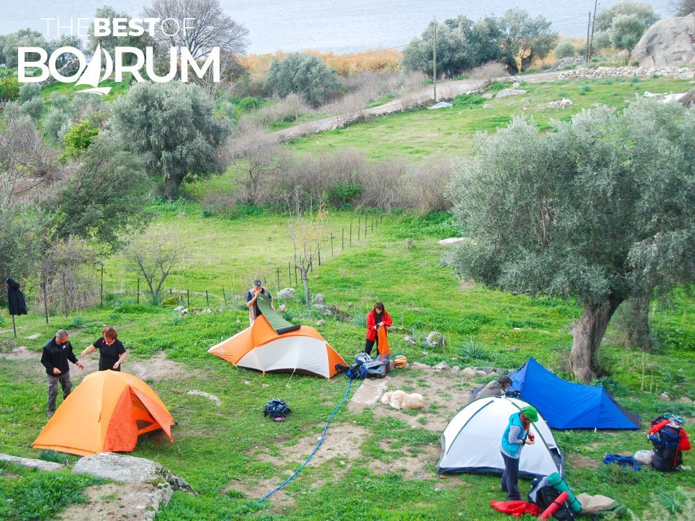 A group of campers are pitching the tents in December, highlighting how it is important to know Bodrum weather by month to pick the right activity.