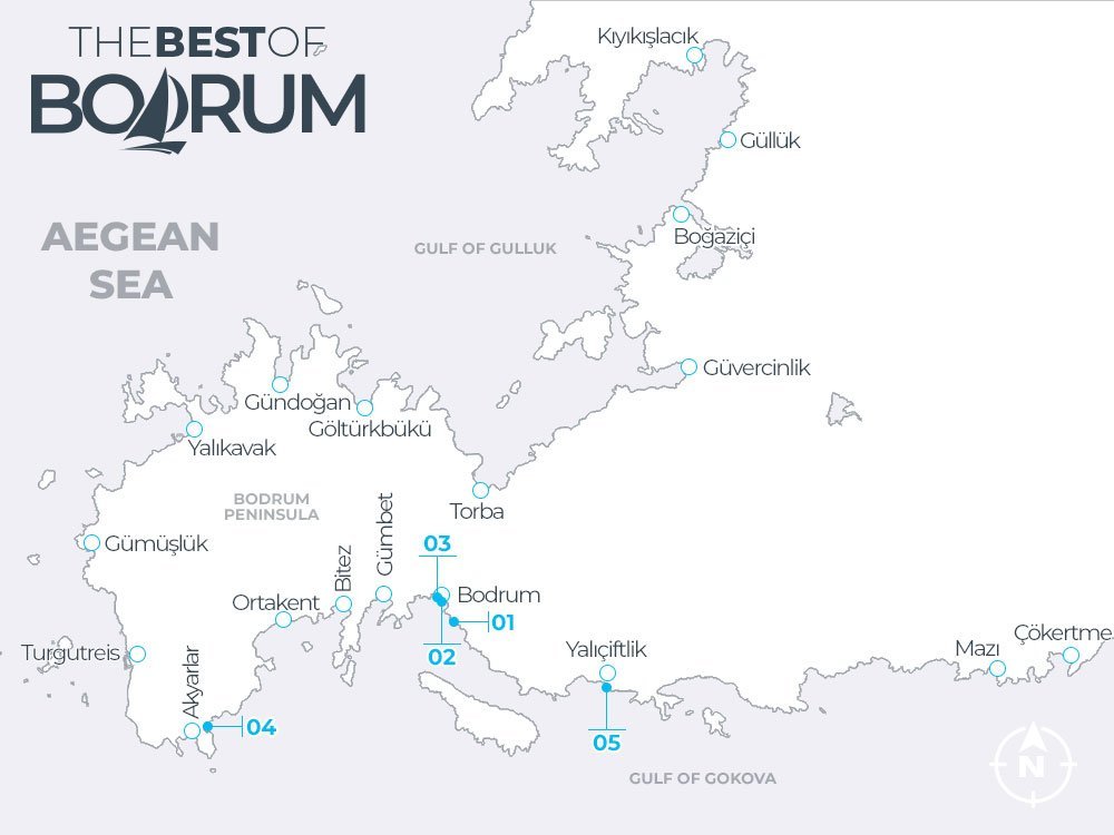 Illustrated map of Bodrum Peninsula highlighting Yelken, Karaincir, Bodrum Public, and Yalı beaches in Bodrum.