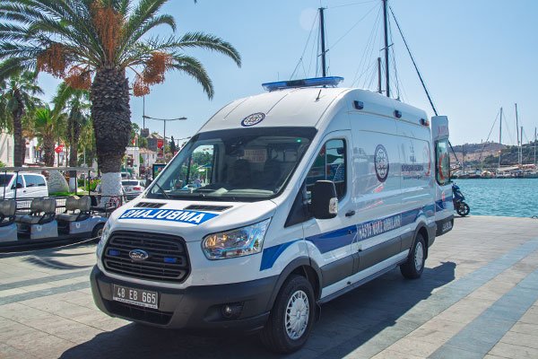 Ambulance parked in Bodrum’s main square near the old harbour.