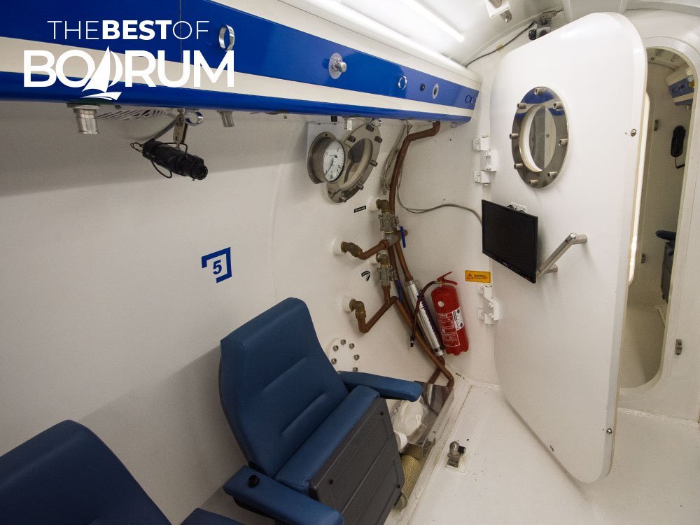 Interior of the hyperbaric oxygen therapy chamber at Bodrum State Hospital, used to treat divers with decompression sickness.