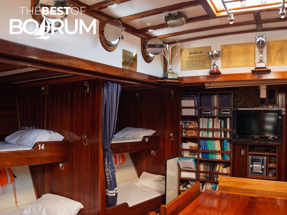 Interior of STS Bodrum, the wooden sailing training ship where sailing women learned, studied, and lived together in Bodrum.